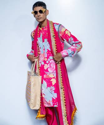 Pink printed chanderi kurta pajama with scarf 3