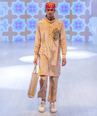 Yellow printed crepe kurta pajama 1