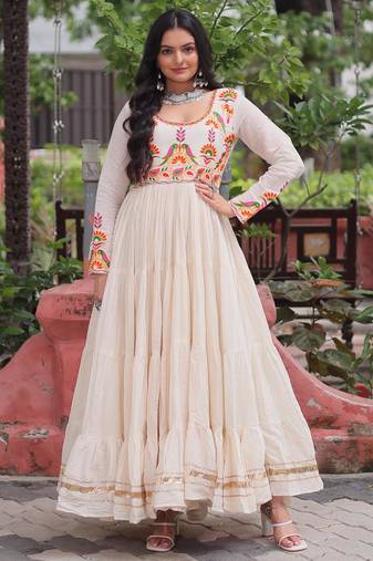Off white kora cotton multi thread embroidered & gota patti work traditional gown
