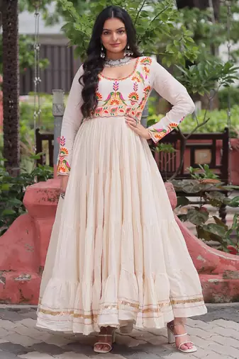 Off white kora cotton multi thread embroidered & gota patti work traditional gown