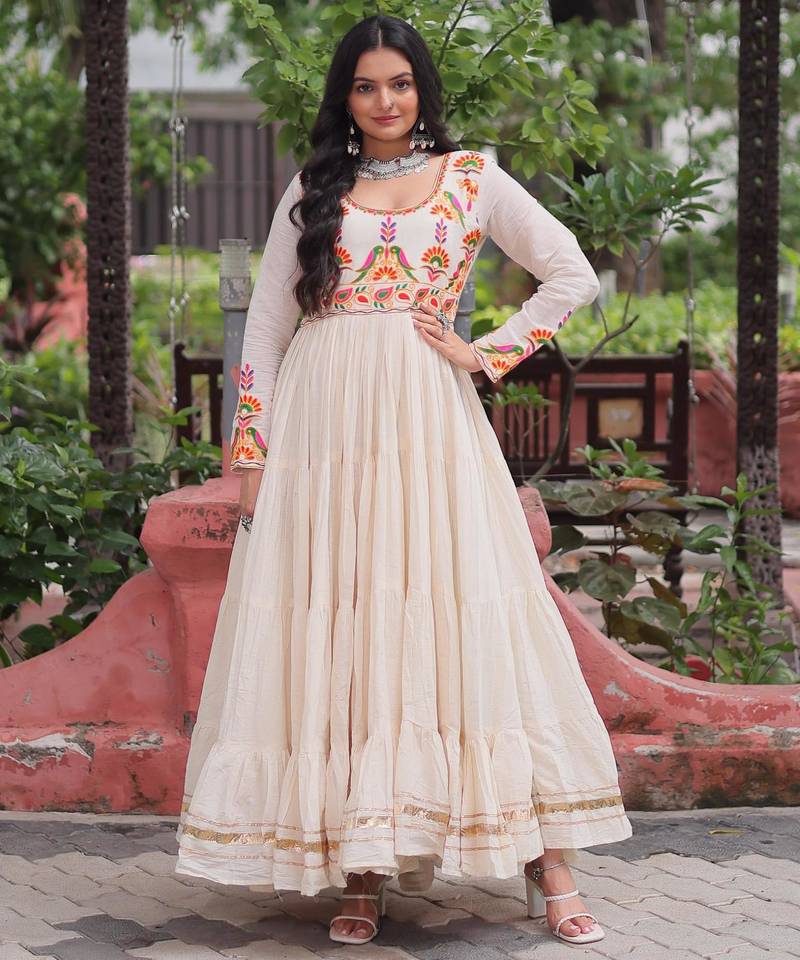 Off white kora cotton multi thread embroidered & gota patti work traditional gown