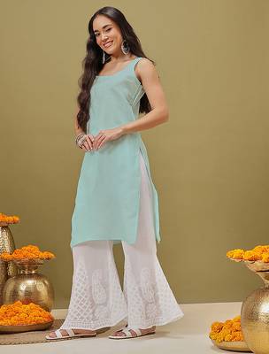 Hand Embroidered Green Georgette Lucknow Chikankari Women Kurta With Slip 7