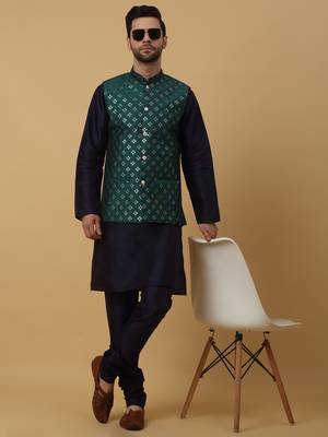 Men's navy blue kurta and churidar with sequenced cotton silk nehru jacket 1