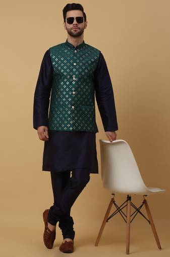 Men's navy blue kurta and churidar with sequenced cotton silk nehru jacket
