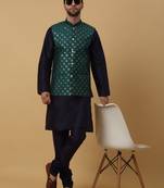 Men's navy blue kurta and churidar with sequenced cotton silk nehru jacket