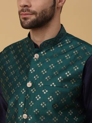 Men's navy blue kurta and churidar with sequenced cotton silk nehru jacket 2