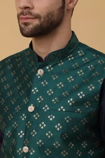 Men's navy blue kurta and churidar with sequenced cotton silk nehru jacket