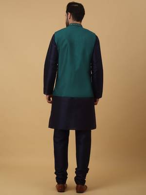 Men's navy blue kurta and churidar with sequenced cotton silk nehru jacket 3