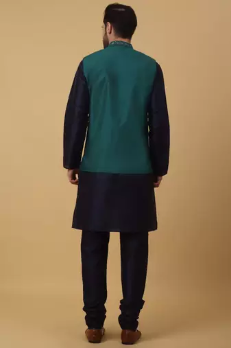 Men's navy blue kurta and churidar with sequenced cotton silk nehru jacket