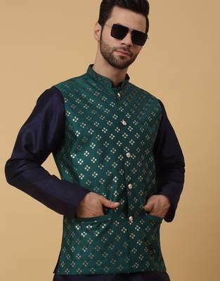 Men's navy blue kurta and churidar with sequenced cotton silk nehru jacket 4