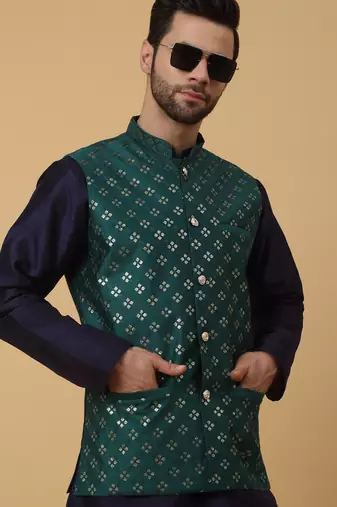 Men's navy blue kurta and churidar with sequenced cotton silk nehru jacket
