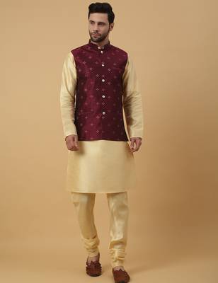 Men's beige kurta and churidar with jacquard floral nehru jacket 1