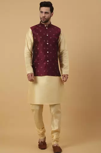 Men's beige kurta and churidar with jacquard floral nehru jacket
