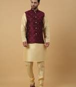 Men's beige kurta and churidar with jacquard floral nehru jacket