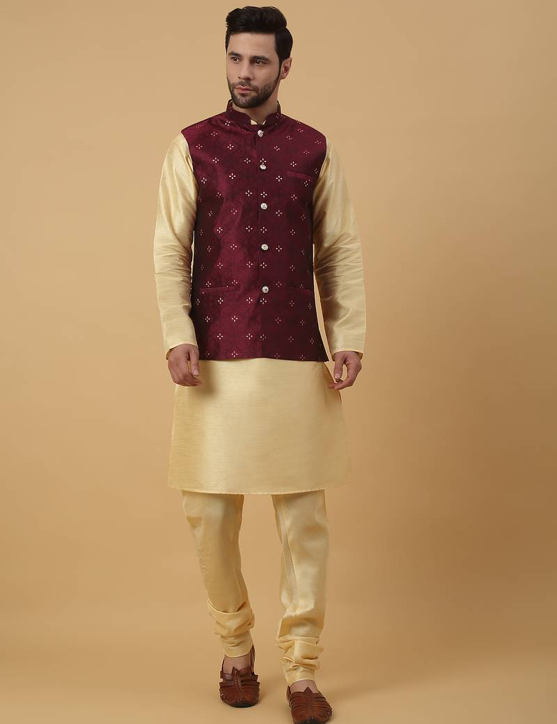 Men's beige kurta and churidar with jacquard floral nehru jacket