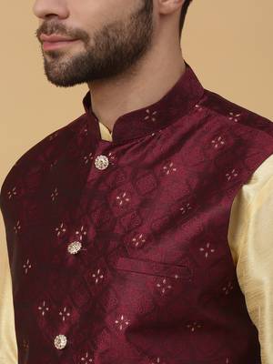 Men's beige kurta and churidar with jacquard floral nehru jacket 2
