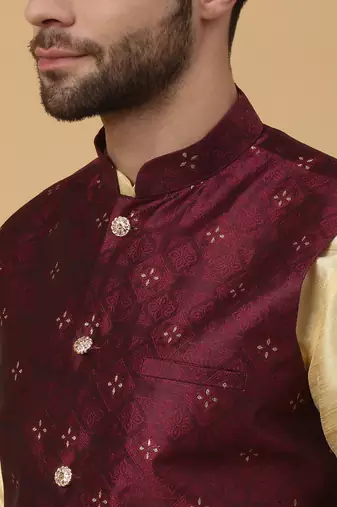 Men's beige kurta and churidar with jacquard floral nehru jacket