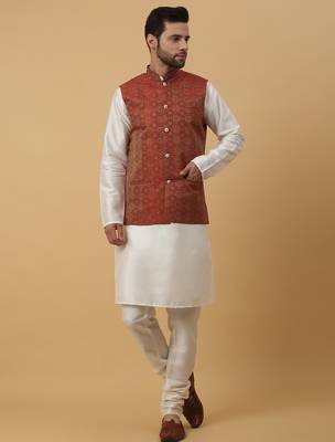 Men's cream kurta and churidar with jacquard ethnic motifs printed nehru jacket 1