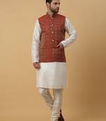 Men's cream kurta and churidar with jacquard ethnic motifs printed nehru jacket