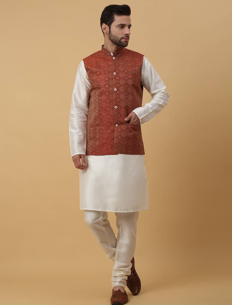 Men's cream kurta and churidar with jacquard ethnic motifs printed nehru jacket