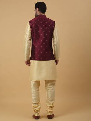 Men's beige kurta and churidar with jacquard floral nehru jacket 3