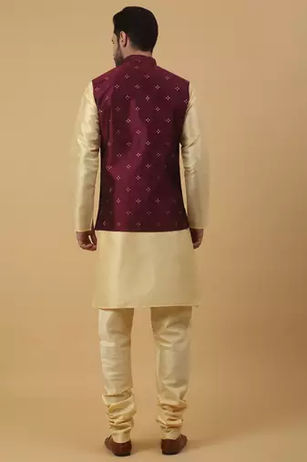 Men's beige kurta and churidar with jacquard floral nehru jacket