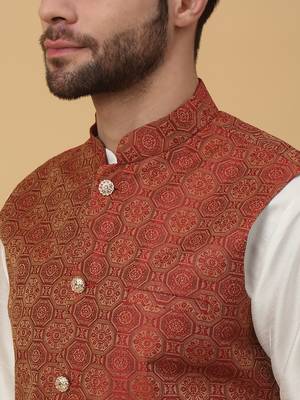 Men's cream kurta and churidar with jacquard ethnic motifs printed nehru jacket 2