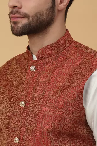 Men's cream kurta and churidar with jacquard ethnic motifs printed nehru jacket