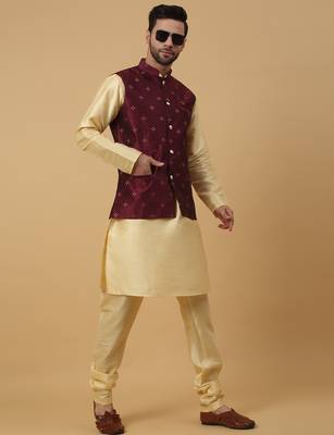 Men's beige kurta and churidar with jacquard floral nehru jacket 4
