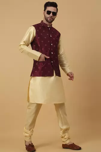 Men's beige kurta and churidar with jacquard floral nehru jacket
