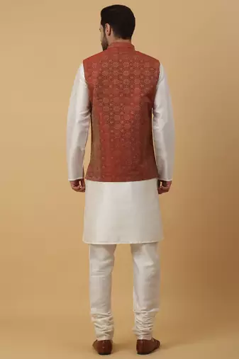 Men's cream kurta and churidar with jacquard ethnic motifs printed nehru jacket