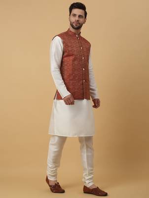 Men's cream kurta and churidar with jacquard ethnic motifs printed nehru jacket 4