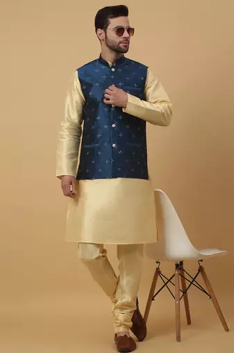 Men's beige kurta and churidar with jacquard floral nehru jacket