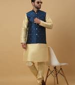 Men's beige kurta and churidar with jacquard floral nehru jacket