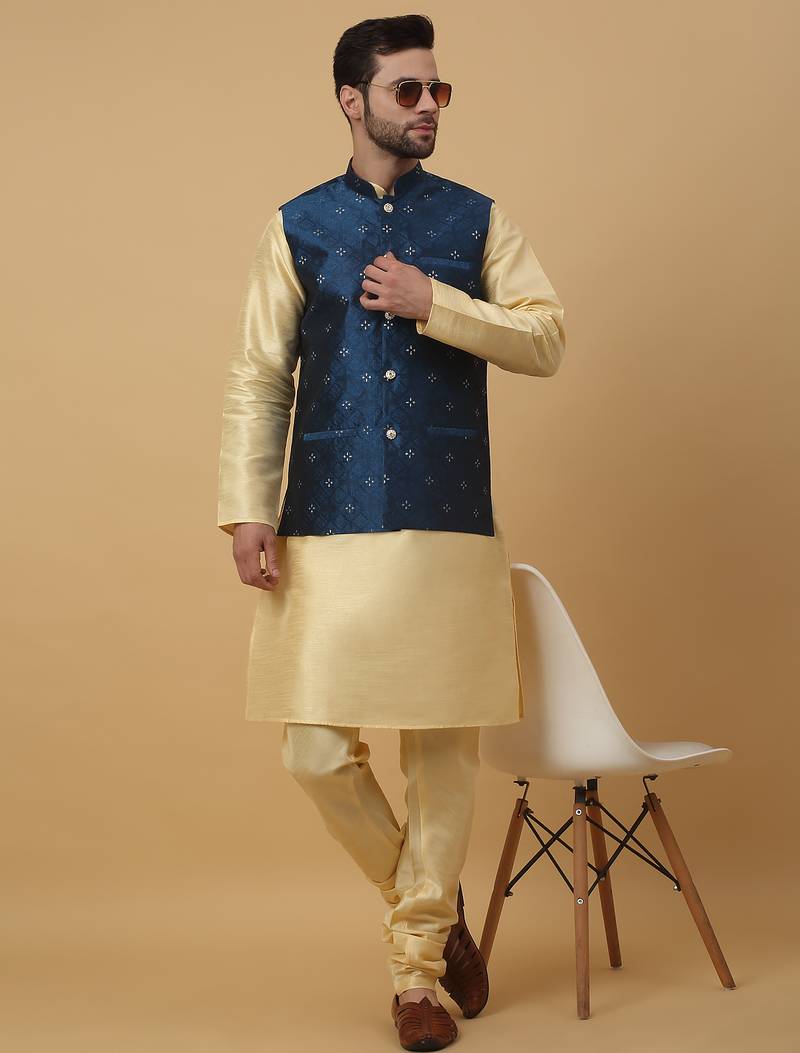 Men's beige kurta and churidar with jacquard floral nehru jacket