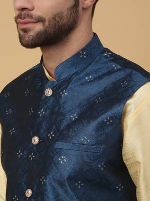 Men's beige kurta and churidar with jacquard floral nehru jacket 2
