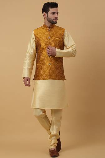 Men's beige kurta and churidar with jacquard floral nehru jacket