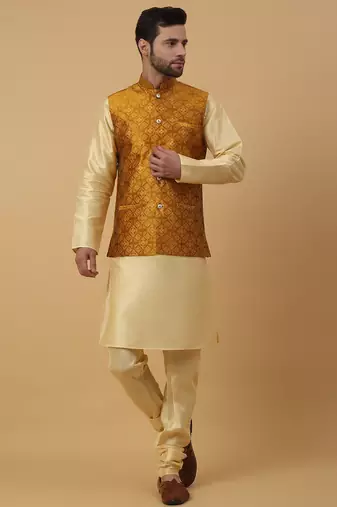 Men's beige kurta and churidar with jacquard floral nehru jacket