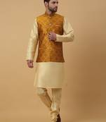 Men's beige kurta and churidar with jacquard floral nehru jacket