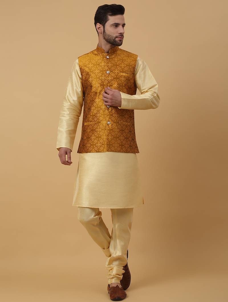Men's beige kurta and churidar with jacquard floral nehru jacket