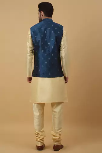 Men's beige kurta and churidar with jacquard floral nehru jacket