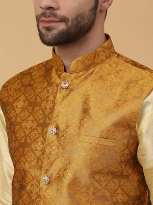 Men's beige kurta and churidar with jacquard floral nehru jacket 2