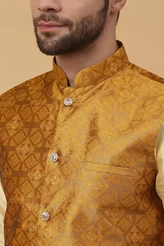 Men's beige kurta and churidar with jacquard floral nehru jacket
