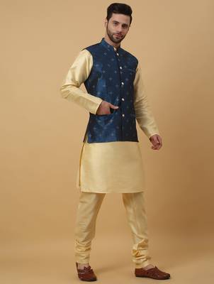 Men's beige kurta and churidar with jacquard floral nehru jacket 4