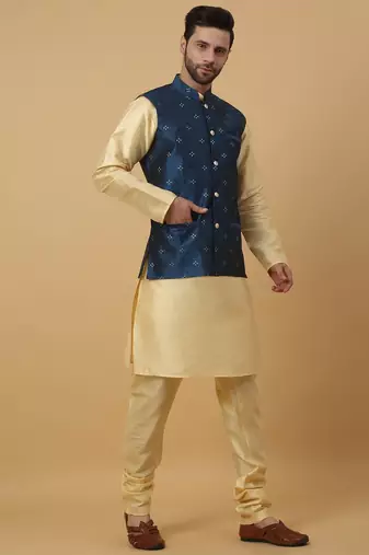 Men's beige kurta and churidar with jacquard floral nehru jacket