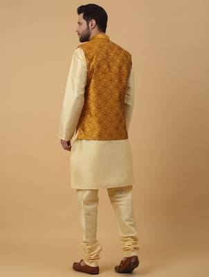 Men's beige kurta and churidar with jacquard floral nehru jacket 3