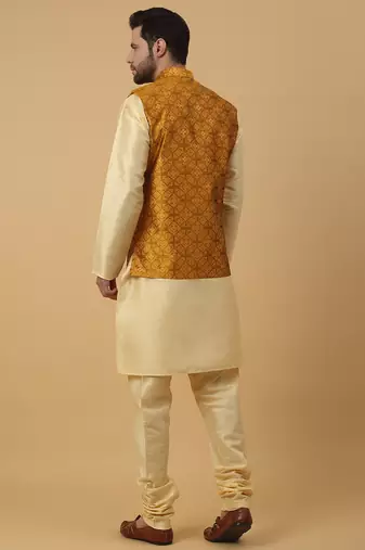 Men's beige kurta and churidar with jacquard floral nehru jacket