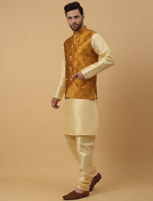 Men's beige kurta and churidar with jacquard floral nehru jacket 4
