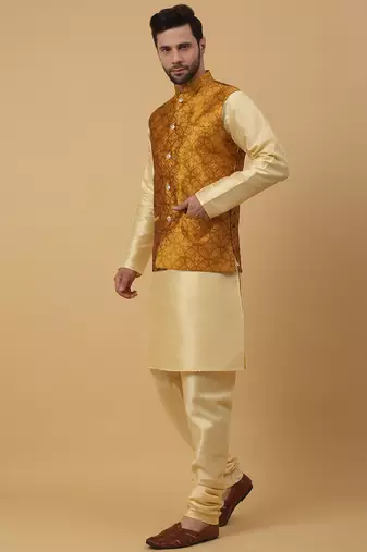 Men's beige kurta and churidar with jacquard floral nehru jacket