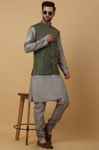 Men's grey kurta and churidar with jacquard ethnic motifs printed nehru jacket